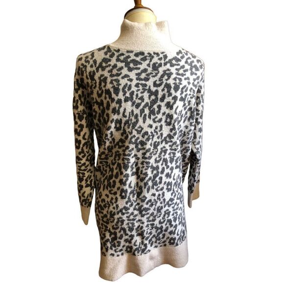 Loft Leopard Print Turtleneck Wool Blend Sweater Dress size L - Picture 6 of 12